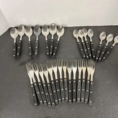 29pc  Stainless FORKS Spoons Black Wood Handle Rivet Flatware • MCM - Image 1 of 4