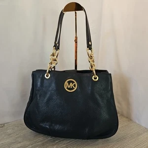 Michael Kors Fulton Gold Chain Leather Large Shoulder Bag Purse Tote Navy Blue - Picture 1 of 24