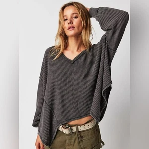 Free People Coraline Thermal Top Black Oversized Long Sleeve size Medium - Picture 1 of 8