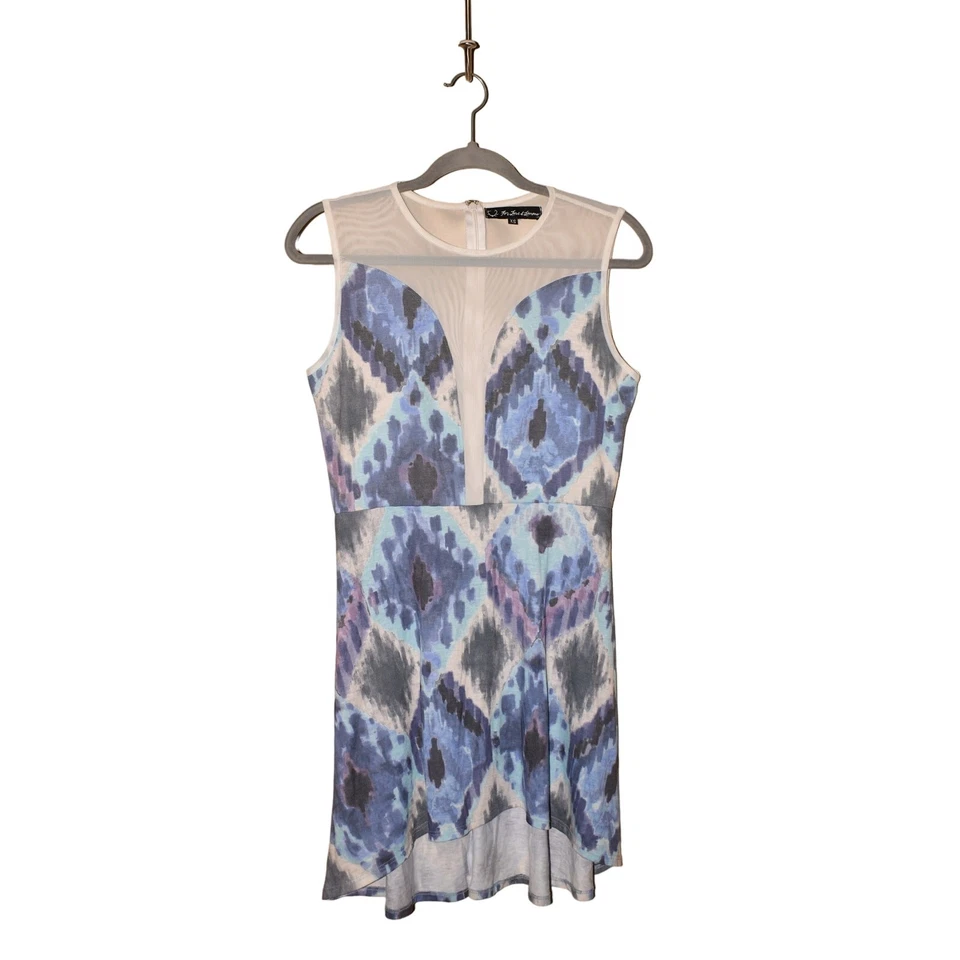 FOR LOVE & LEMONS $198 Mesh Panel Sleeveless Mini Dress Blue Ikat XS - Image 1 of 4