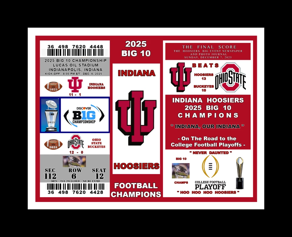 INDIANA HOOSIERS МАТОВЫЙ КОЛЛАЖ 2025 БОЛЬШОЙ 10 ФУТБОЛ ЧЕМПИОН ГАЗЕТА @COMMEM TIC - Изображение 1 из 1