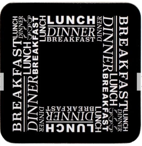 Set Of 4 Mealtimes Black Coasters - Breakfast Lunch Dinner - Picture 1 of 2