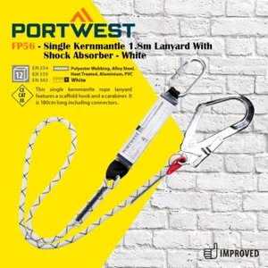 Portwest FP56 Single Kernmantle 1.8m Lanyard With Shock Absorber Hook Carabiner - Picture 1 of 3