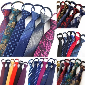 Mens Quality Pre-Tied Zipper Lazy Striped Solid Tie Formal Wedding Party Necktie - Picture 1 of 70