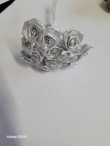 mini ribbon roses x12, Silver. 15mm.