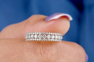 Timeless Three Row Round Cut Lab Grown Diamond Half Eternity Wedding Band Women - Picture 1 of 8
