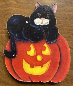 De colección Halloween Gato Negro Gatito Gatito Jack 'o Linterna Madera Troquelada Decoración C21a - Imagen 1 de 13