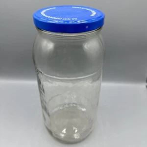 Plain Clear Glass Pickle Jar 10" Blue Metal Lid Large Clean No Markings - Picture 1 of 7