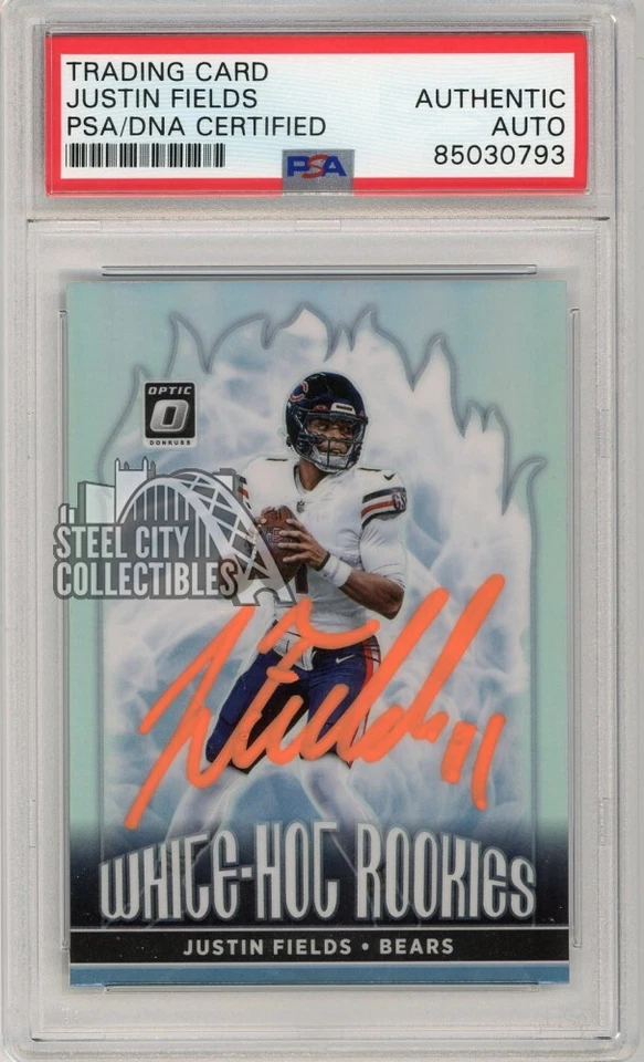 Justin Fields 2021 Panini Optic White Hot Auto Rookie RC #WHR-2 PSA/DNA (Orange) - Image 1 of 1