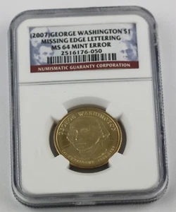 US 2007 $1 DOLLAR GEORGE WASHINGTON MISSING EDGE LETTERING 2 ERROR COIN MS 64 - Picture 1 of 4