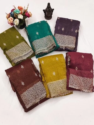 Indian Designer Soft Crunchy Saree With Blouse For Wedding & Reception - Image 1 of 4