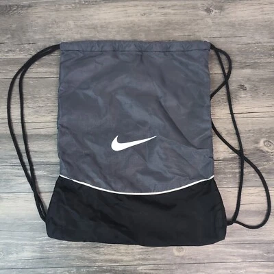 Y2K Nike Swoosh Drawstring Nylon Day Gym Bag Black & Gray 56323 17" x 14" - Image 1 of 4