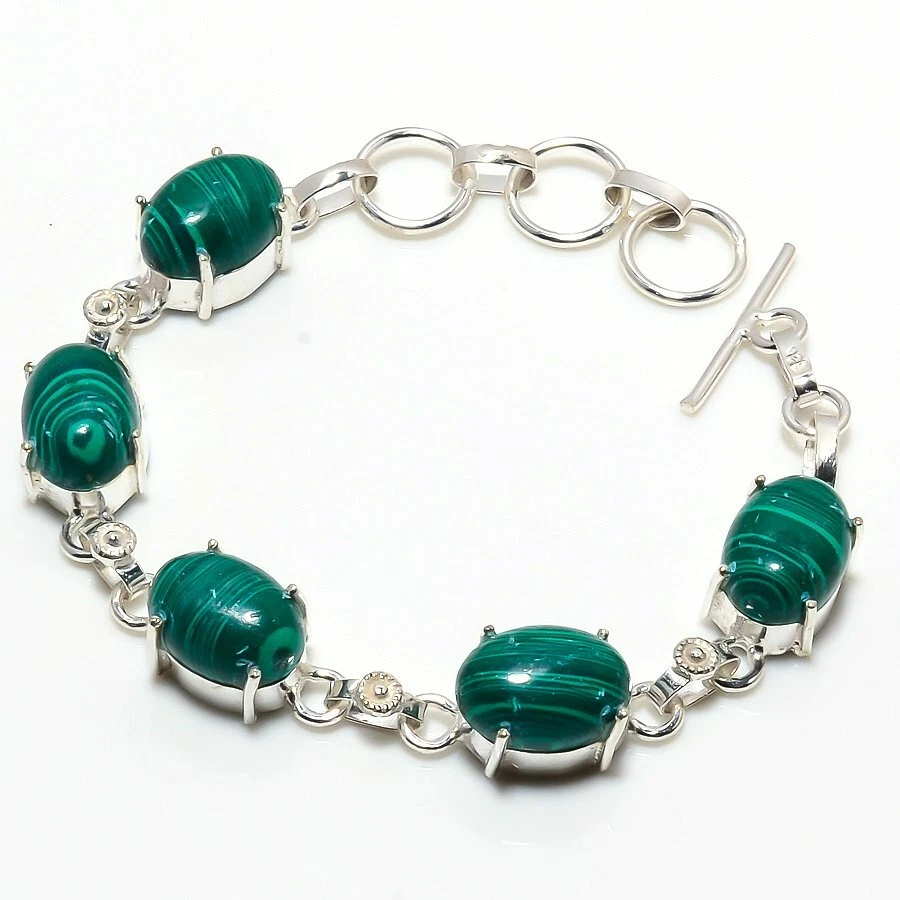 Brazalete de joyería hecha a mano de plata de ley 925 con piedras preciosas de malaquita verde talla 7-8" Foto 1 de 1