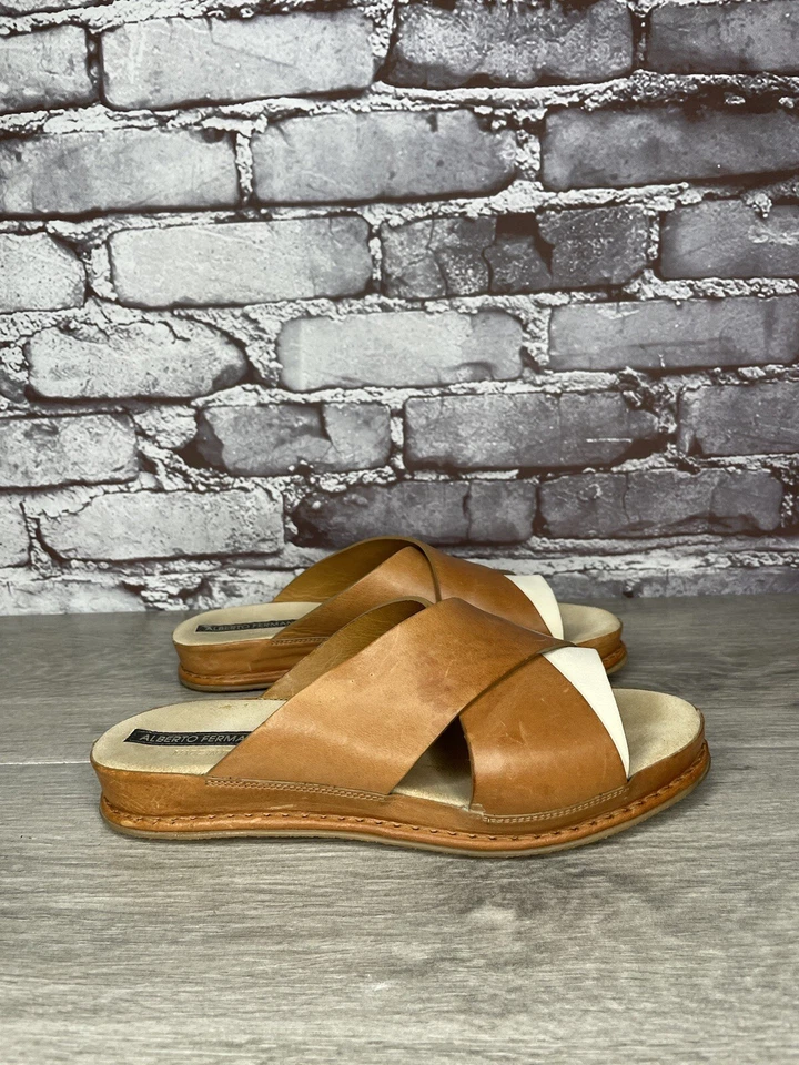 Alberto Fermani Brown Leather Ivory Slide Cross Wedge Sandals Women’s 36EU/6M US - Image 1 of 4