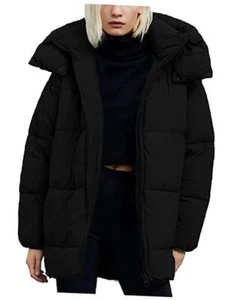 Womens Hooded Quilted Puffer Jacket Mid-Length Padded Warm Winter Medium Black - Picture 1 of 6