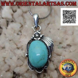 Ciondolo in argento 925‰ grande pasta di turchese ovale cabochon e fiore con fog - Foto 1 di 4