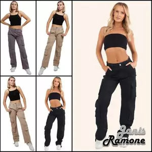 Damen-Kampf-Cargohose niedrigbundig Baumwolle mehrere Taschen breites Bein Freizeithose - Bild 1 von 19
