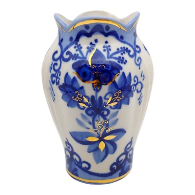 Hand Made Russian Porcelain Vase, 7" vtg Blue White Gold Floral Fenix Kislovodsk - image 1 of 4