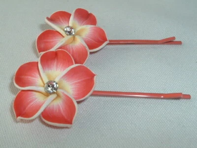 VINTAGE RHINESTONE RED FLOWER HAIR BOBBY PINS UP DO ACCESSORY SET OF 2 - Image 1 of 2