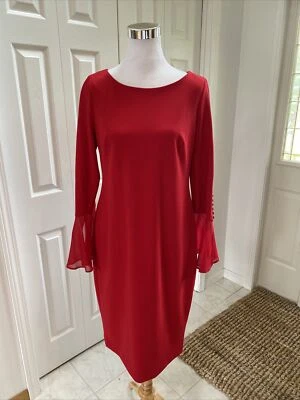 CALVIN KLEIN CHIFFON BELL SLEEVE SHEATH DRESS, RED, 12 Mint! - Image 1 of 4