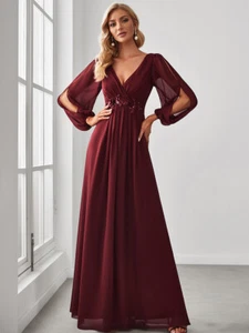 Elegant Chiffon V-Neckline Long Sleeve Formal Evening Dress - Picture 1 of 52