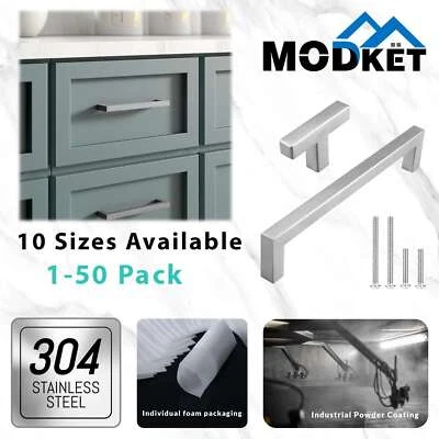 Square Brushed Nickel Cabinet Handles Pulls Knobs Kitchen Bath Stainless Steel - Image 1 of 4