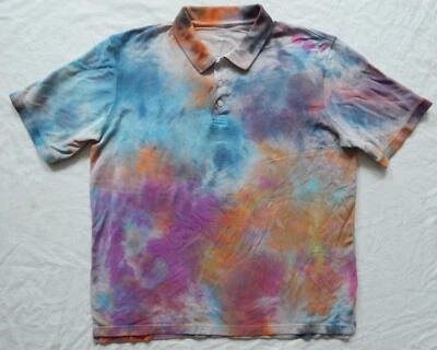 Tie Dye Orange Rainbow Short Sleeve Polo Shirt - XLT Mens Hand Made XL Tall - Image 1 of 4