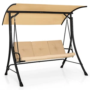 3-Seat Porch Swing w/ 0-240° Canopy & Steel Frame & Cushion Outdoor Beige - Picture 1 of 8