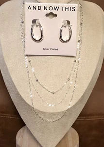 And NOW THIS  Jewelry necklaces silver tone layered Necklace & Hoop Earrings - Picture 1 of 9