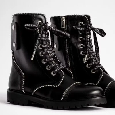 Zadig & Voltaire Womens Studded Black Leather Moto Lace Up Combat Boots Size 7 - Image 1 of 4