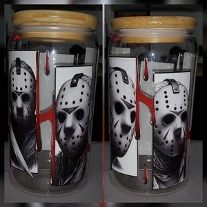 16oz Trinkglas mit Bambusdeckel und Glastrinkhalm, Jason Voorhees - Bild 1 von 1