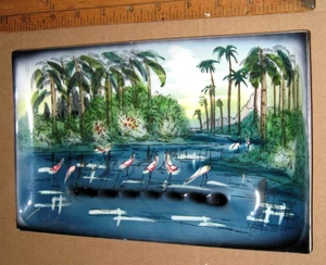 Vintage MCM Retro Palm Trees & Flamingoes 10x5” - Picture 1 of 2