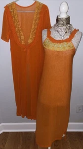 Set camicia da notte e accappatoio lunga donna vintage retrò anni '70 abito arancione classico terroso - Foto 1 di 15