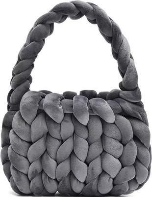 Grueso Bolso de Mano de Terciopelo Trenzado Gris Tejido Nudo Nube Bolso de Peluche Suave para Mujer Foto 1 de 2