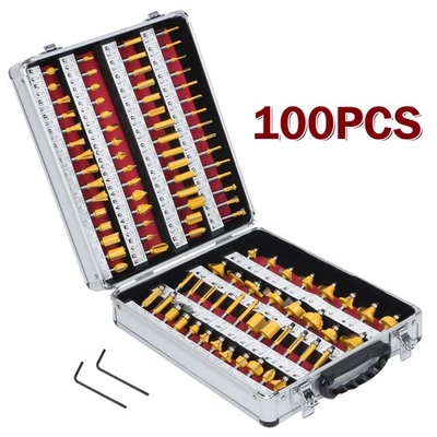 100Pcs Router Bit Set 1/4" Shank Tungsten Carbide Tips Woodworking Router Cutter - image 1 of 4