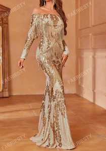 Feeniesty Fransen Dekor Schulterfrei Pailletten Meerjungfrau Formelles Kleid XL Neu mit Etikett - Bild 1 von 16