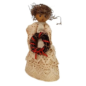 Vtg Angel Figurine 8" Tall Twig Wreath Prim Christmas Holiday Home Decor - Picture 1 of 10