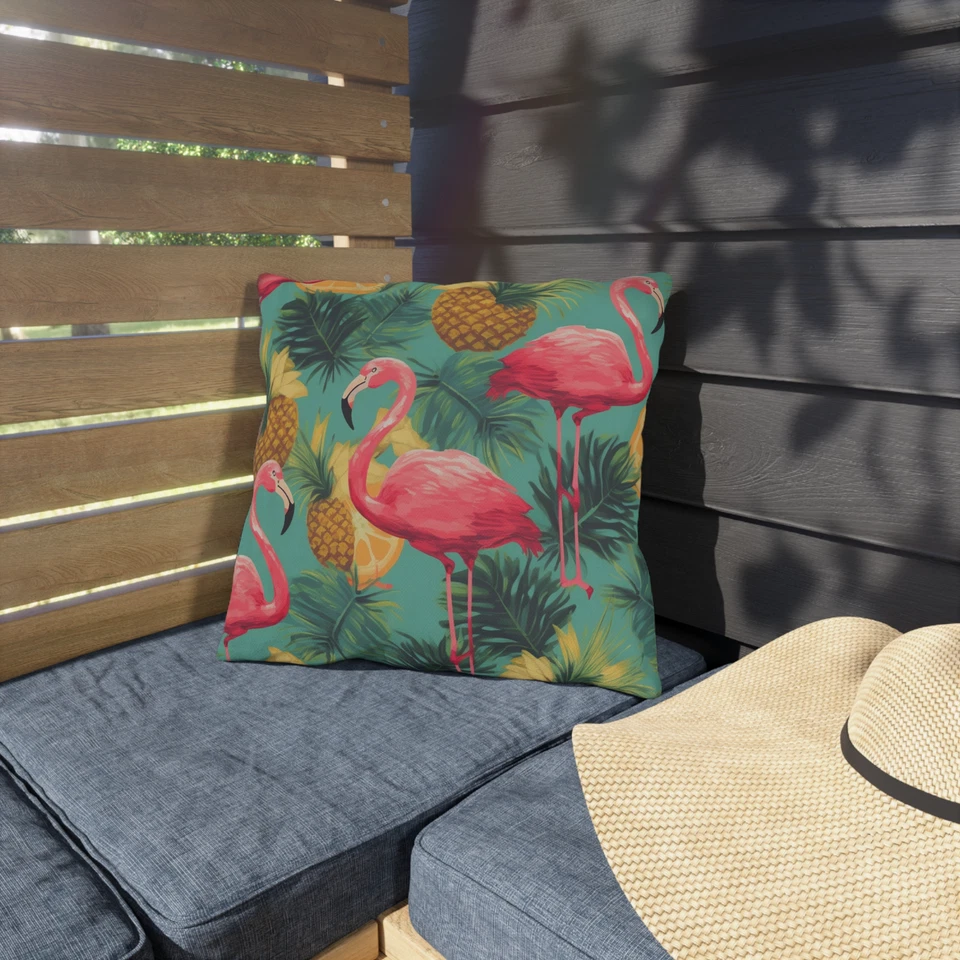 Tropical Flamingo & Pineapple Pattern Decorative Pillow - Summer Beach Home - Image 1 of 4