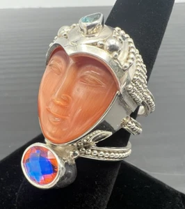 Sajen Goddess Face Ring Sterling Silver Triple Stone Statement Chunky Size 9+ - Picture 1 of 18