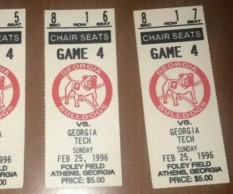 2/26/96 Game #4 Georgia / Georgia Tech NCAA Foley Field Athens, GA Ticket Stub Cover