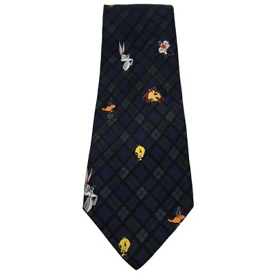 Looney Tunes Mania Plaid Necktie Mens Blue Green Bugs Tweety Sylvester Taz Daffy - Image 1 of 4