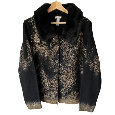 Chico's Talla Pequeña Negro Dorado Lana Cárdigan a Presión Chaqueta Extraíble Cuello de Piel Sintética Foto 1 de 4