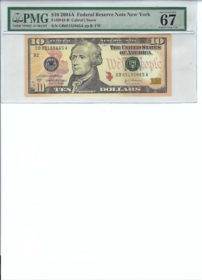 2004 $10 FRN FR2042-B PMG 67 EPQ, New York S/N B05155665A!!! - Image 1 of 2
