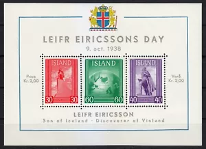 Islandia 1938 Estampillada sin montar o nunca montada Block 2 Sc B6 Leif Ericsson Day. Norse explorer .Luxe ** - Imagen 1 de 2
