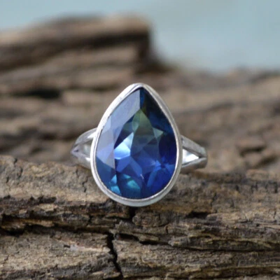 Blue Green Pear Tourmaline Quartz 925 Sterling Silver Artisan Handmade Gift Ring - Image 1 of 4