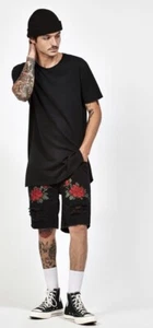 Men's Pacsun Rose Embroidered Distressed Denim Shorts,  Size 36 - New! - Picture 1 of 1