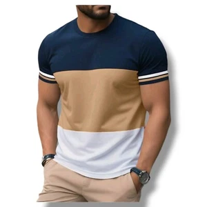 Men's T-shirt casual slim fit round neck short sleeve striped contrast - Picture 1 of 4
