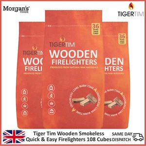 Tiger Tim Wooden Firelighters Extra Large Quick Burn BBQ Fireplace 36 Cubes x3 - Picture 1 of 6