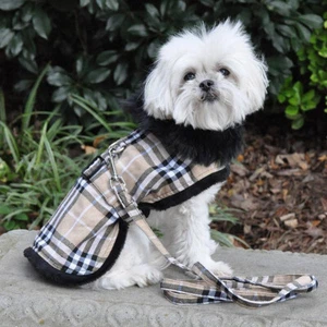 Designer Plaid and Fur Dog Coat Harness & Matching Leash (medium) - Picture 1 of 5