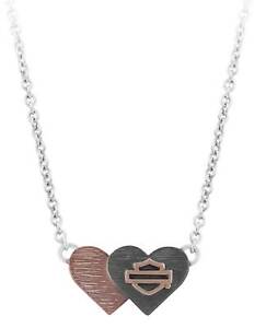 Harley-Davidson Women's Pink & Black Double Heart B&S Necklace HDN0461-16